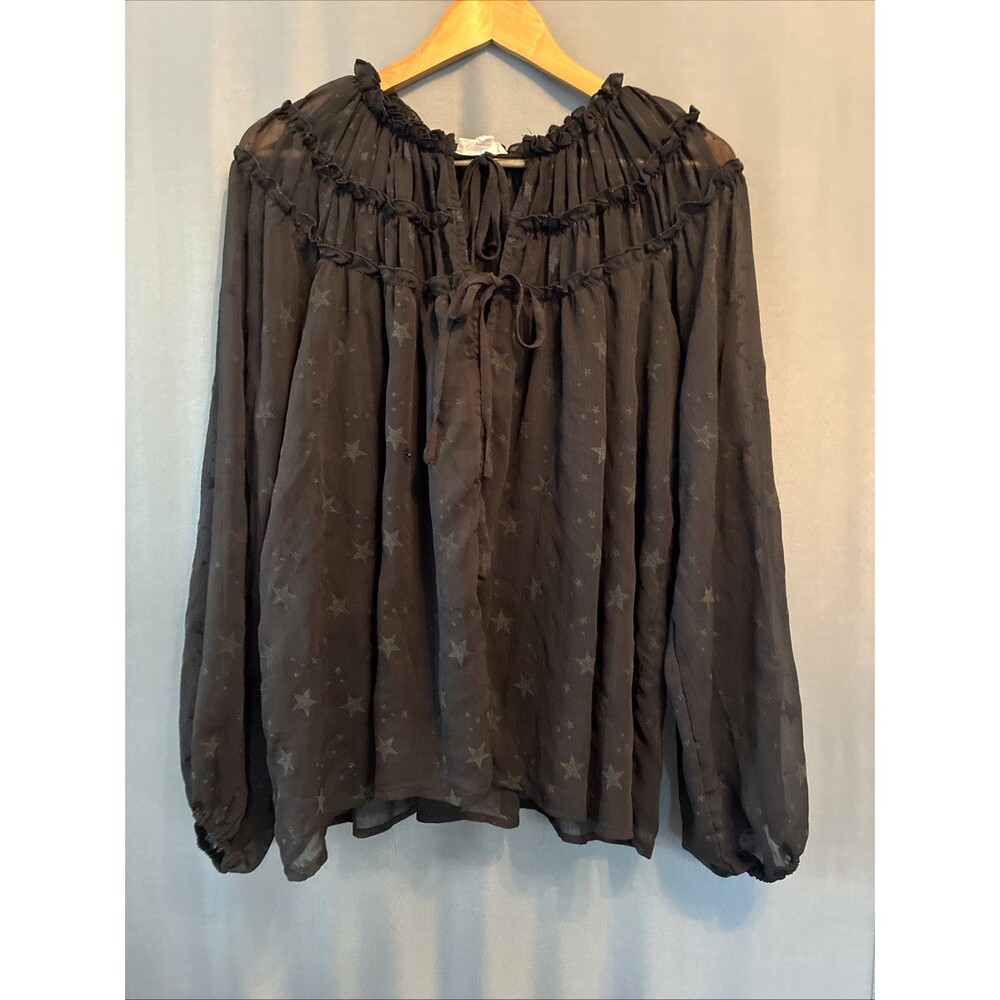 Y2K EE:Some Sheer Celestial Peasant Top Large Black Stars Fairy Whimsigoth Witch